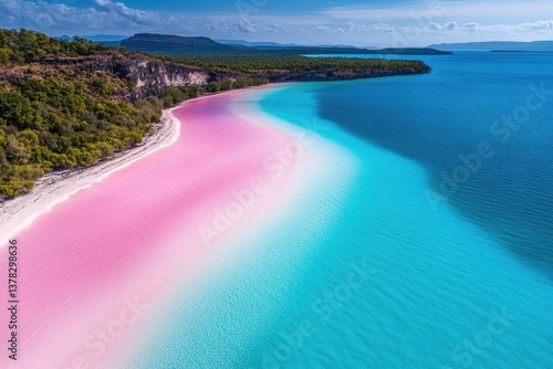 Pink beach meeting turquoise water in a tropical paradise
