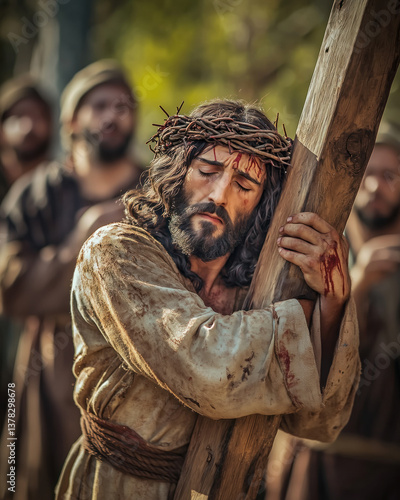 Jesus Christ carrying the cross, embracing it with faith and devotion