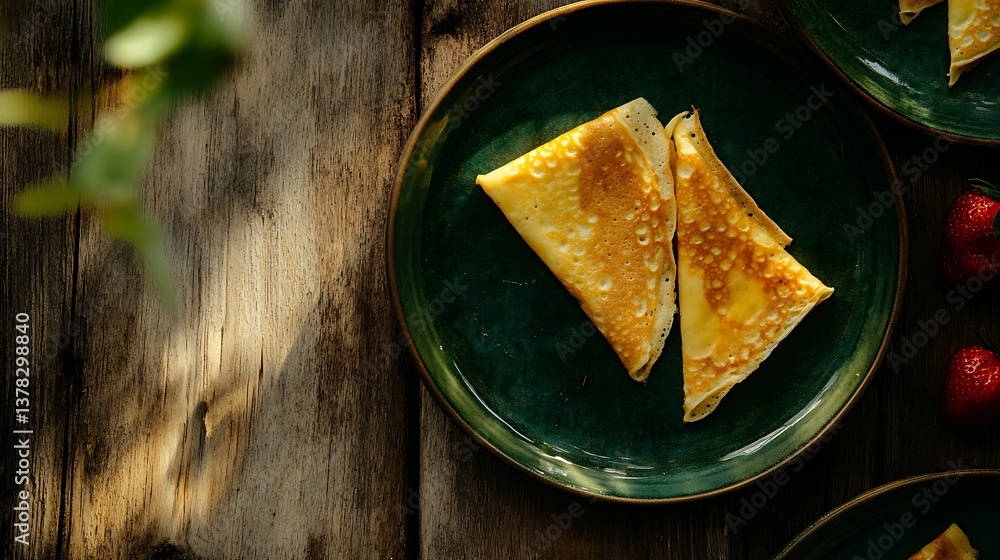 Crepes filled with dulce in green plates on wooden background Crepes filled with dulce in green plates on wooden background
