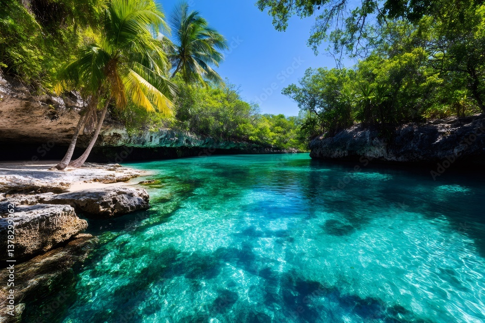 Tropical lagoon surrounded by lush vegetation and palm trees in dominican republic Tropical lagoon surrounded by lush vegetation and palm trees in dominican republic