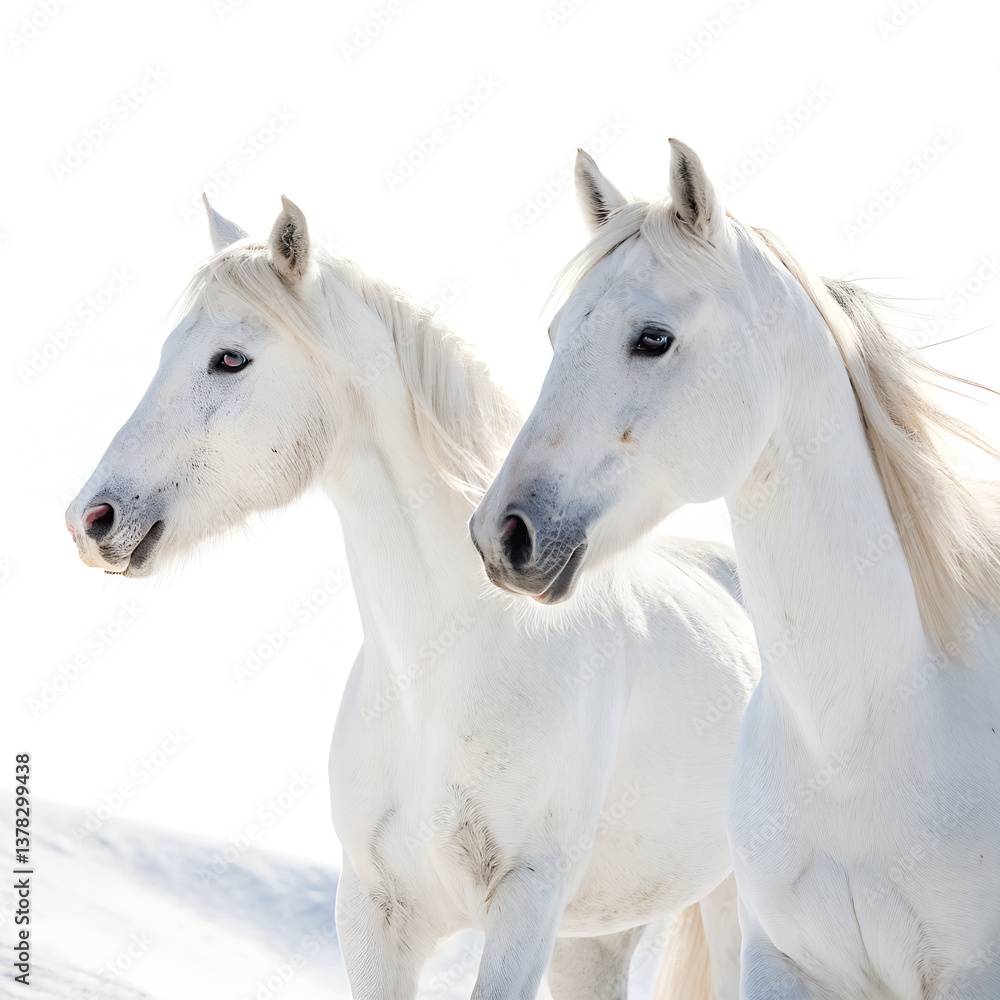Obraz premium Two white horses are standing together in a snowy landscape
