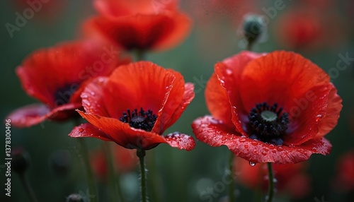 Vibrant red poppies, symbols of Remembrance Day, stand in soft focus. Delicate water droplets cling petals, adding depth, texture, visual interest. Floral nature tribute to fallen soldiers, heroes,