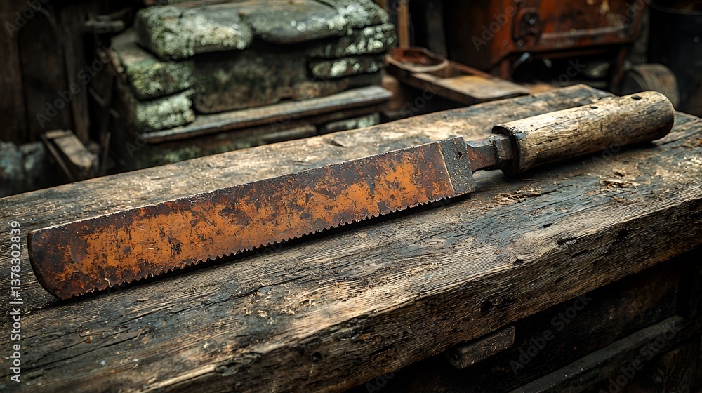 Rusty, antique, woodworking saw on workbench in a workshop Rusty, antique, woodworking saw on workbench in a workshop