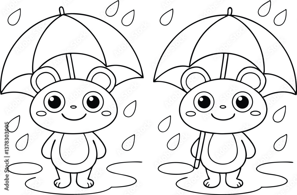 Obraz premium Cartoon Bear Under Umbrella Amidst Raindrops Outline Style Transparent BG