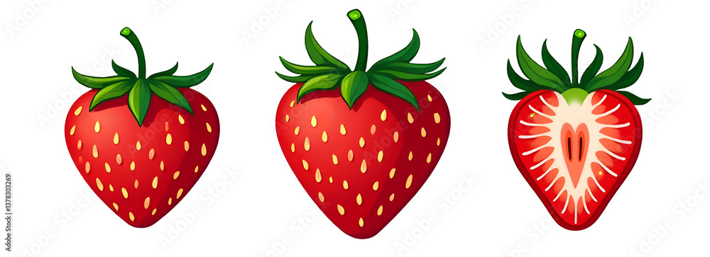 Three illustrated strawberries, showcasing whole and sliced views. cut out,isolated, transparent background