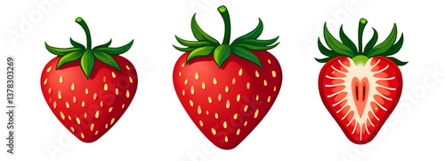 Three illustrated strawberries, showcasing whole and sliced views. cut out,isolated, transparent background