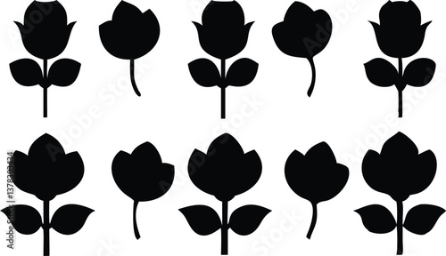 Ten Black Flower Silhouettes, Floral Elements, Botanical Decoration, White Background