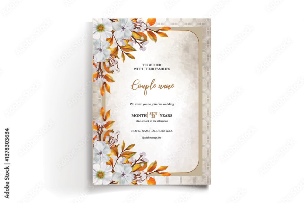 WEDDING INVITATION FRAME WITH FLOWER DECORATIONS AND FRESH LEAVES WEDDING INVITATION FRAME WITH FLOWER DECORATIONS AND FRESH LEAVES