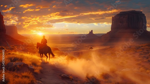 a desert landscape with towering rock formations, a lone cowboy riding into the sunset