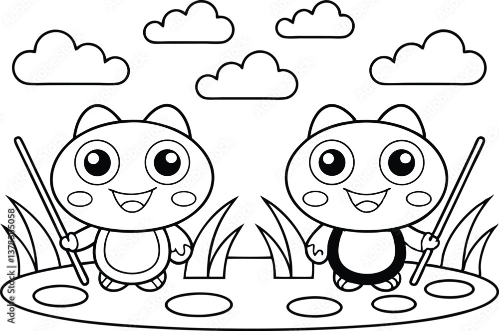 Obraz premium Adorable Cartoon Characters with Clouds in Outline Style on White Background