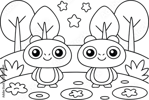 Charming Outlined Cartoon Bear Cubs Surrounded by Trees and Starry Sky