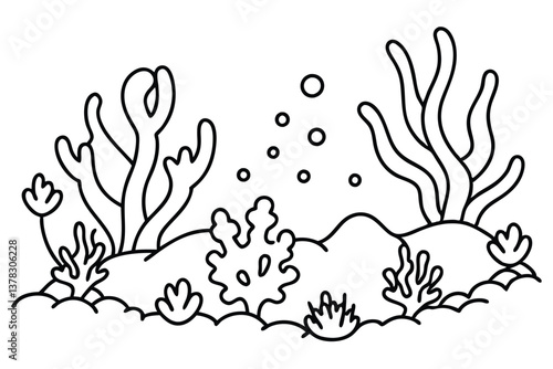 Marine Sea Life Line Art with Bubble, Ocean Flora, Seaweed, Coral, Transparent Background
