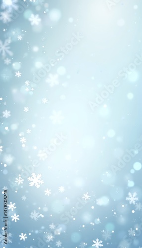 Soft falling snow on light blue background with snowflakes. Gentle snowflakes cascade, creating serene winter atmosphere for seasonal celebrations. New Year background, Christmas, Xmas backdrop.