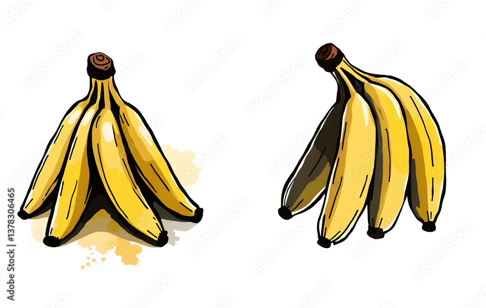 Two illustrated bunches of ripe bananas. cut out,isolated, transparent background