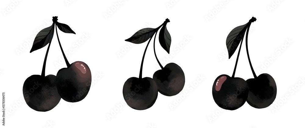 Three cherries with leaves, showcasing a minimalist design. cut out,isolated, transparent background