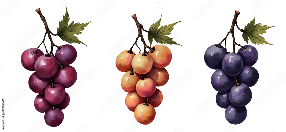 Three clusters of colorful grapes, showcasing different shades and textures. cut out,isolated, transparent background