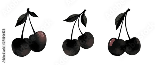 Obraz na płótnie Three cherries with leaves, showcasing a minimalist design. cut out,isolated, transparent background w salonie
