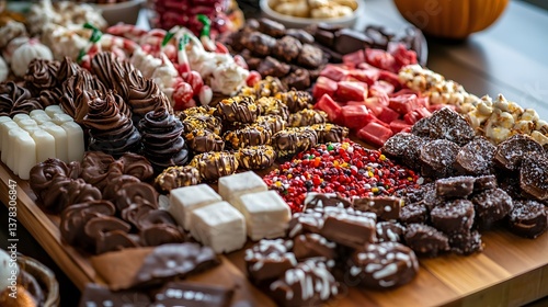 Close-up of a Halloween candy charcuterie board with themed treats