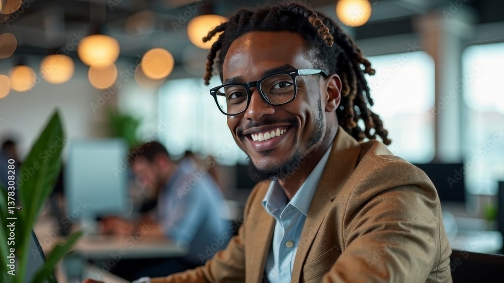 Naklejka premium Smiling professional man working on laptop in modern office workspace..