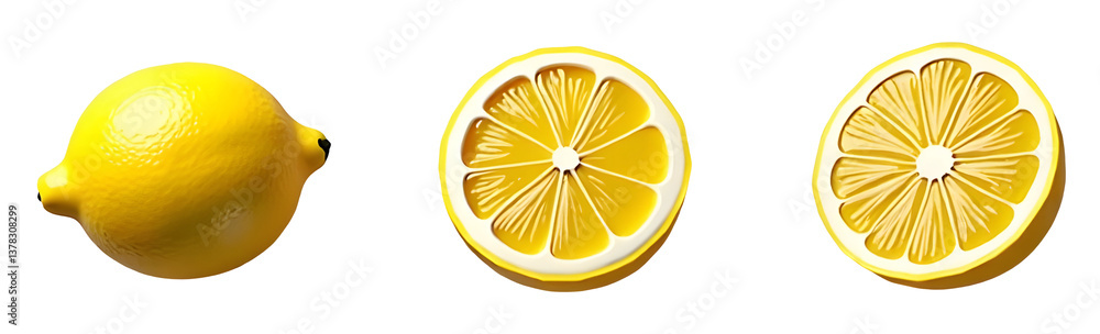 A whole lemon and two sliced halves showcasing fresh, vibrant yellow fruit. cut out,isolated, transparent background