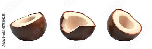 Obraz na płótnie Three chocolate eggs displayed, showcasing different states of being cracked open. cut out,isolated, transparent background w salonie