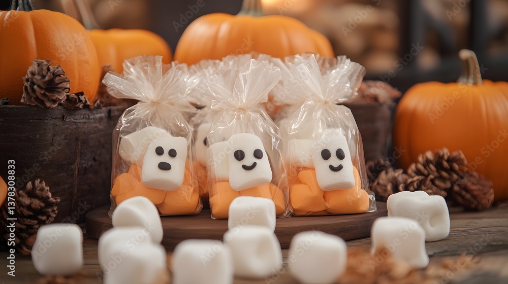 Fototapeta premium Halloween candy table with mini bags filled with ghost marshmallows