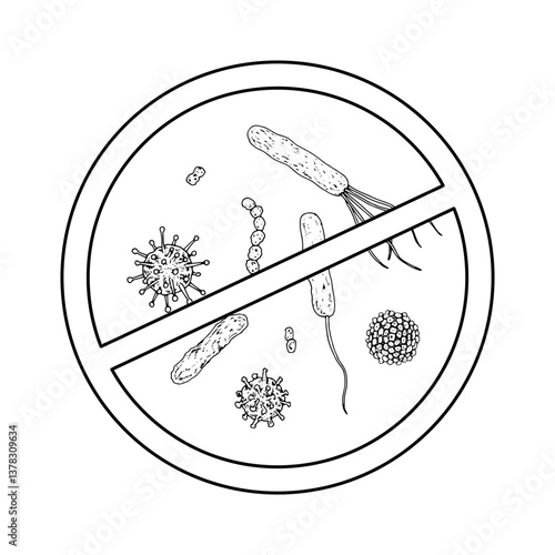 Black and white vector illustration with white background. Hand drawn isolated objects in line art technique. Antimicrobial sign, features a prohibition symbol against bacteria, viruses, and fungi