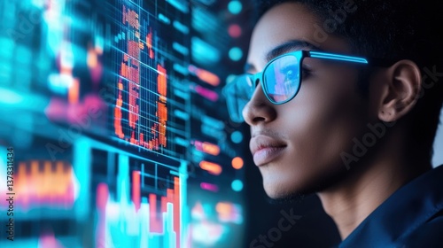 Wallpaper Mural Investor looking at glowing dashboard with AI generated portfolio analysis, charts and graphs, digital clarity, fintech intelligence Torontodigital.ca