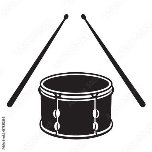 Silhouette vector of a snare drum with drumsticks in motion – simple black and white icon for music, percussion instruments, and rhythm concepts