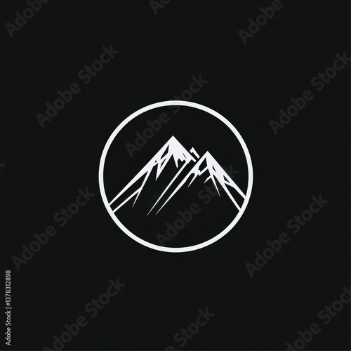 Minimalist black and white mountain peak logo inside a circular frame, symbolizing adventure, strength, and exploration. Geometric silhouette of a mountain range with clean lines.