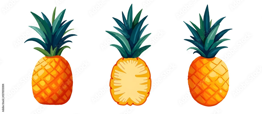 Three illustrated pineapples with vibrant colors and distinct details. cut out,isolated, transparent background
