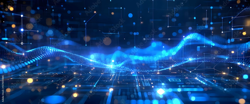 Obraz premium Abstract Technology Network Visualization with Glowing Blue and Orange Elements