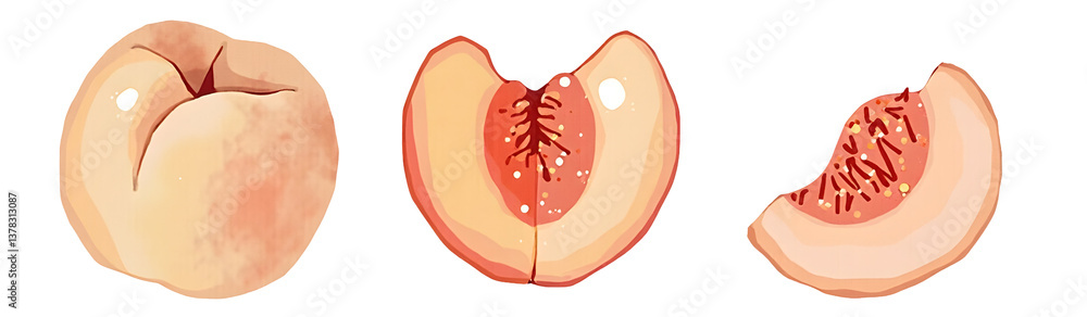 Illustration of a peach sliced open, showcasing its pit and inner structure. cut out,isolated, transparent background