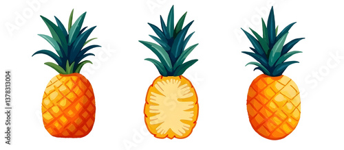 Obraz na płótnie Three illustrated pineapples with vibrant colors and distinct details. cut out,isolated, transparent background w salonie