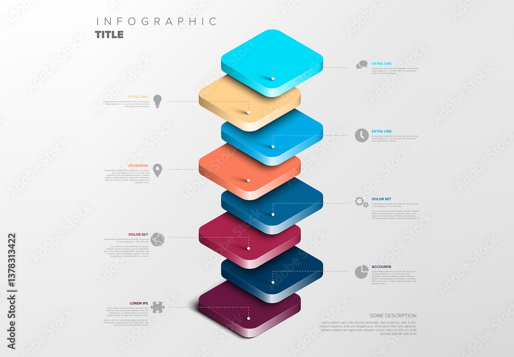 3D Layered Infographic Template with Colored blue and red Squares with icons and descriptions