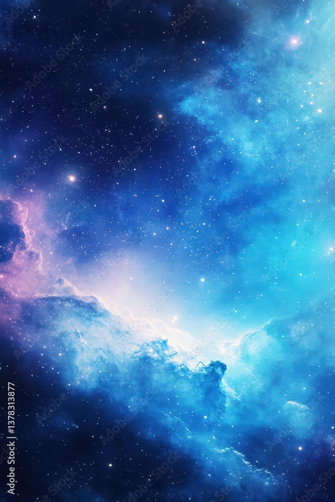 Fototapeta premium Cosmic Tapestry: A breathtaking celestial panorama unfolds, with vibrant nebulae and shimmering stars set against a backdrop of deep blues and purples.