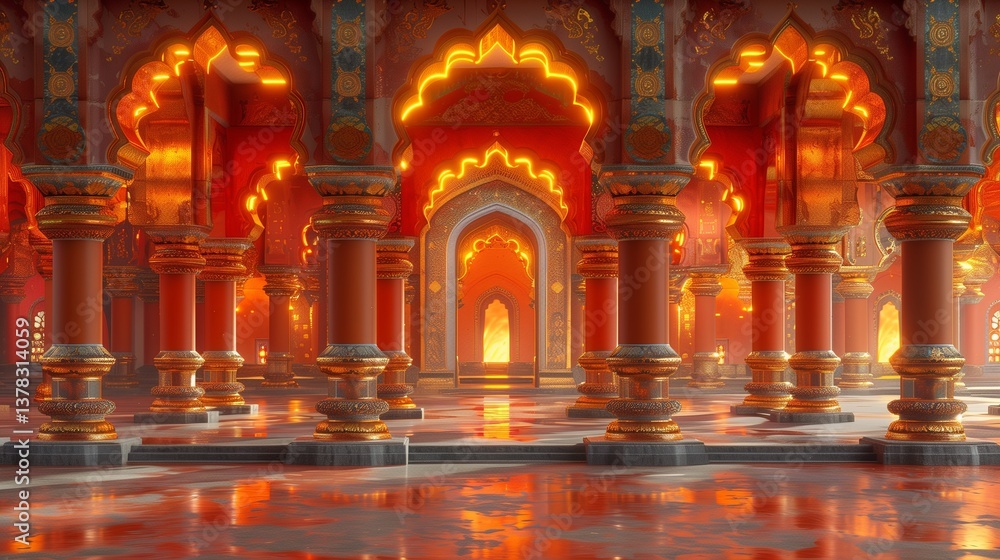 Obraz premium A grand, opulent hall adorned with intricate arches and columns, illuminated by a warm, radiant orange glow that enhances its majestic beauty