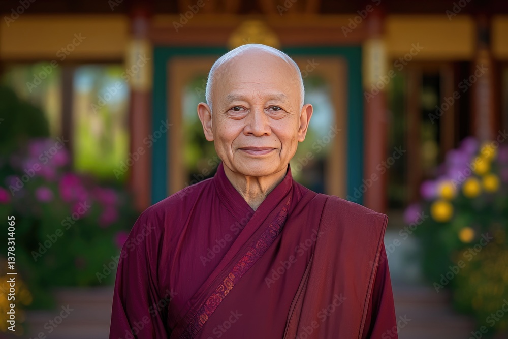 Fototapeta premium Serene monk in traditional robes against a vibrant garden backdrop