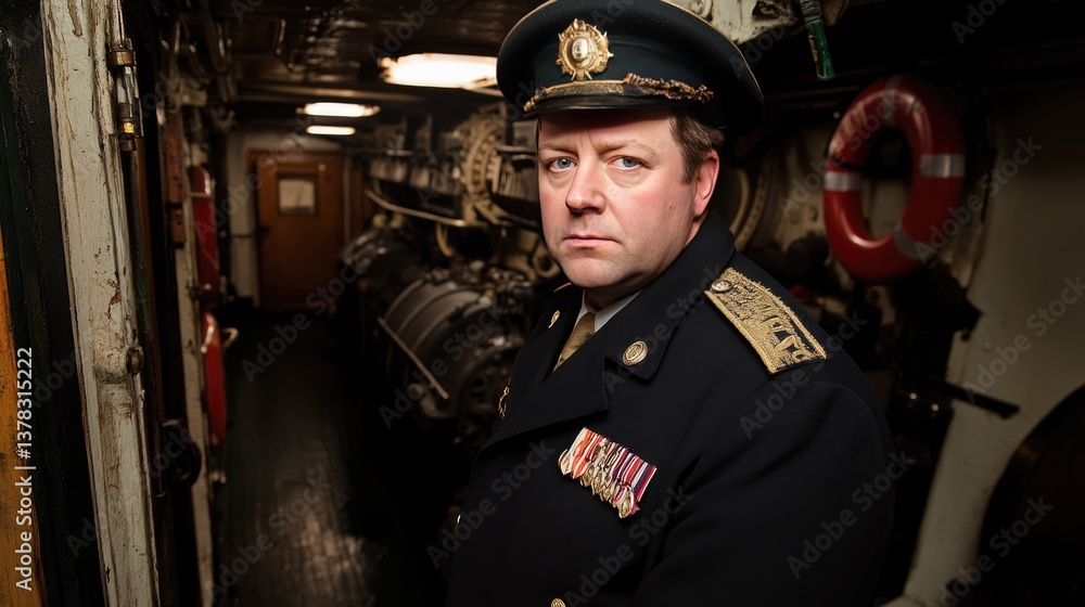 Naval officer in historic ship engine room Naval officer in historic ship engine room