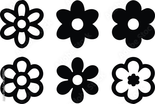 Black Flower Set, Floral Decoration, Simple Daisy Shapes, Transparent Background