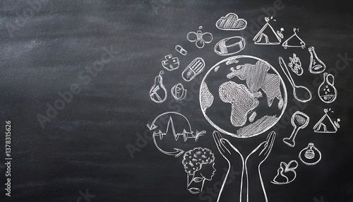 Sustainability Concept – Chalk Sketch of Earth and Hand on Blackboard


