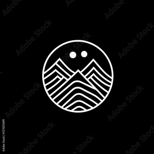 Minimalist black and white circular logo with abstract wavy lines representing mountains or hills, featuring two small dots symbolizing sun or stars. Clean geometric design for modern branding.