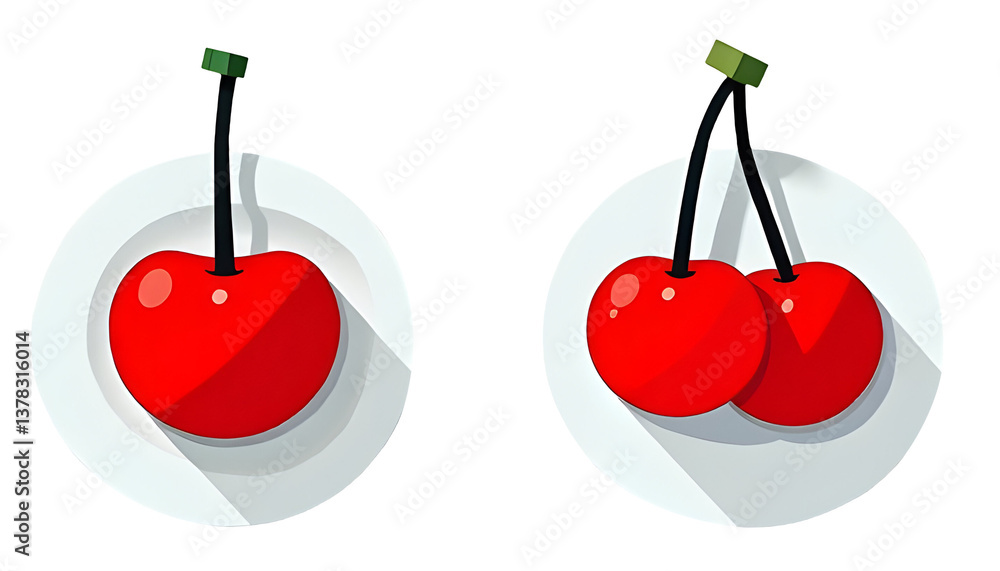 Two stylized red cherries in white bowls. cut out,isolated, transparent background