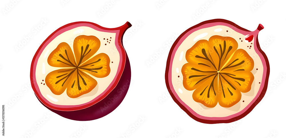 Colorful illustration of two halved fruits featuring vibrant yellow petals and red outer skin. cut out,isolated, transparent background