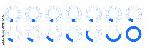 Circles divided diagram 1, 2, 3, 10, 7, 8, 9, 10, 11, 12, 13, 14 equal parts. Graph icon. Pie, pizza shape section charts. Coaching blank blue mockups. Set of segments wheel round divide infographic. 