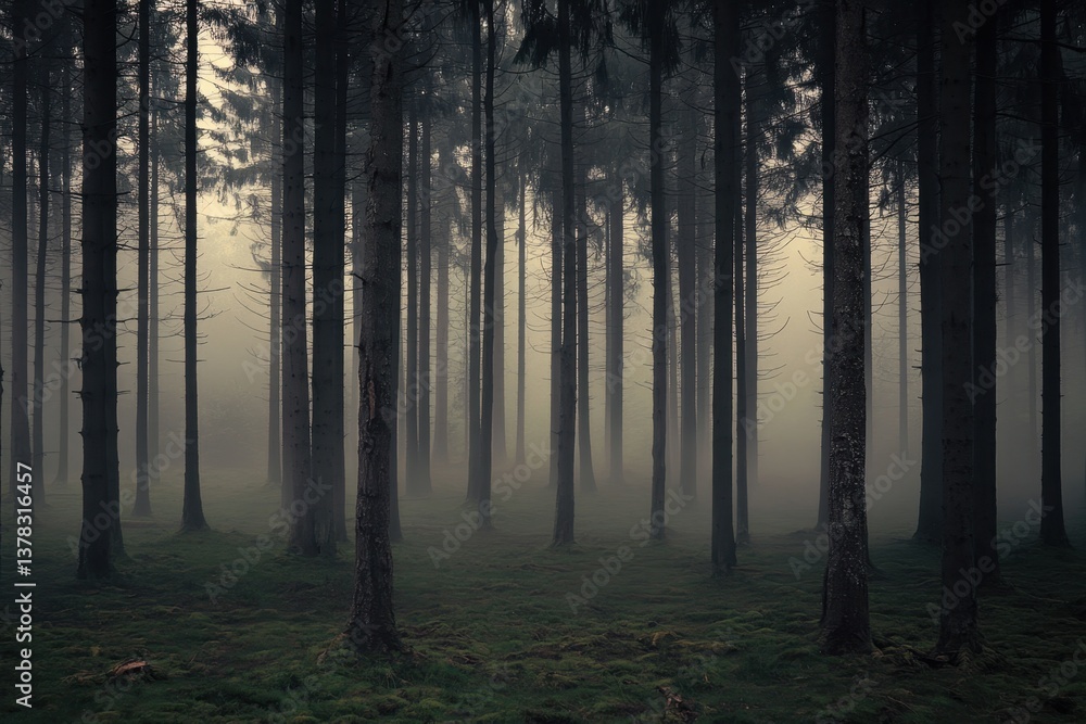 Foggy woods create a mysterious atmosphere in a dense forest during early morning hours Foggy woods create a mysterious atmosphere in a dense forest during early morning hours