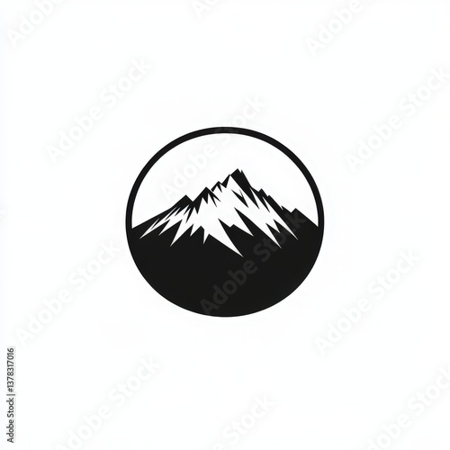 Minimalist black mountain silhouette logo enclosed in perfect circle, clean geometric design for outdoor brands, adventure sports or nature organizations.