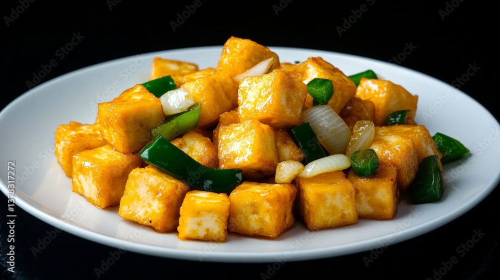 Golden fried tofu with bell peppers and onions on white plate Golden fried tofu with bell peppers and onions on white plate