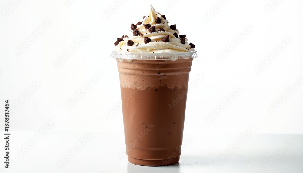Decadent chocolate frozen coffee drink topped whipped cream chocolate chips on white. Mocha frappuccino in plastic cup. Refreshing iced beverage, sweet treat. Perfect for cafe menu, coffee shop,