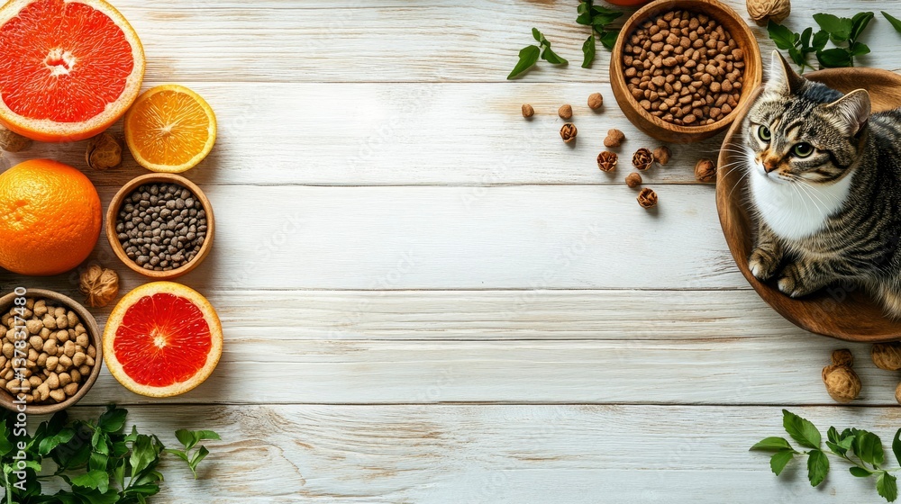 Healthy Cat Food Ingredients with Cute Tabby Cat on Wooden Background Healthy Cat Food Ingredients with Cute Tabby Cat on Wooden Background